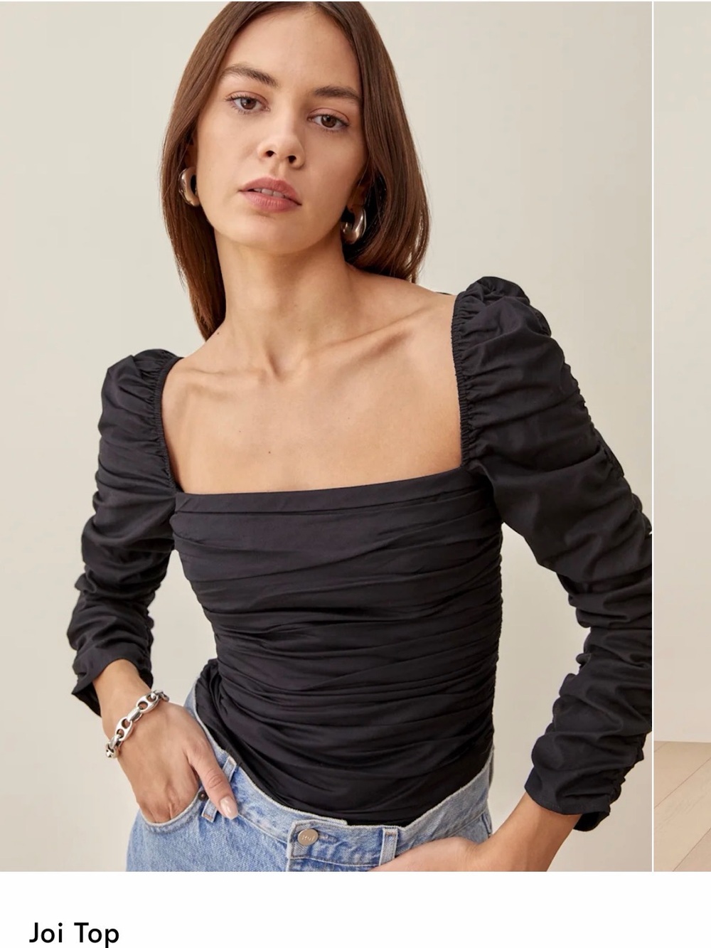 Reformation Black Ruched Square-Neck Blouse